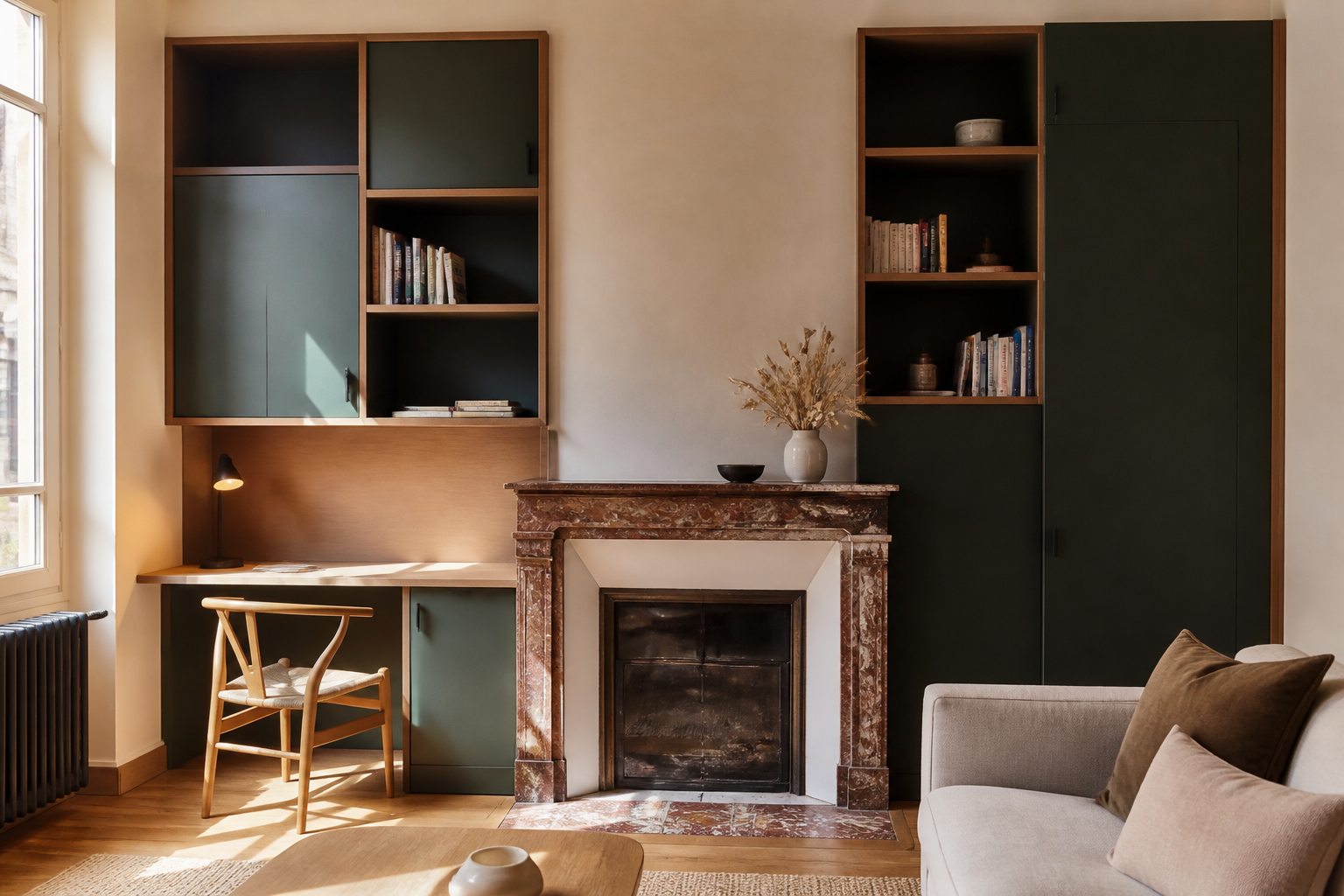 Rangements sur mesure autour d'une cheminée